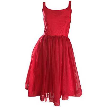 Gorgeous 1950s 50s Lipstick Red Demi Couture Silk Brocade Cocktail Dress For Sale at 1stdibs