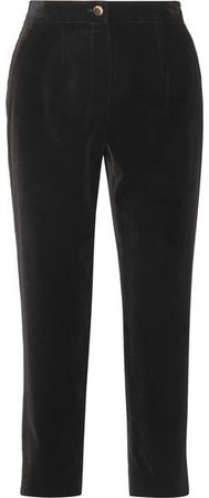 Cropped Cotton-velvet Tapered Pants - Black