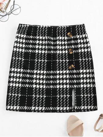 [28% OFF] [POPULAR] 2020 ZAFUL Plaid Buttoned Slit Tweed Skirt In MULTI-A | ZAFUL