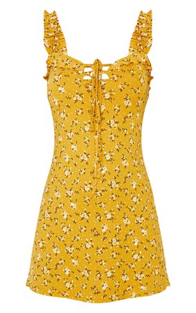 Mustard Floral Print Frill Detail Shift Dress | PrettyLittleThing USA