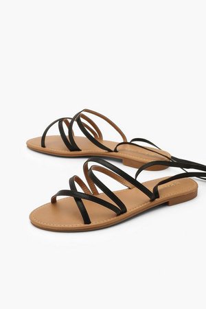 Strappy Ankle Tie Flat Sandals | boohoo