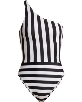 Summer is here! 50% Off Norma Kamali - Mio One Shoulder Striped Swimsuit - Womens - Black White