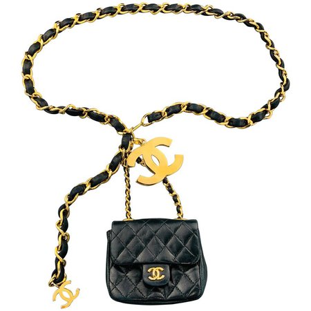 CHANEL Vintage Gold Tone Black Leather Woven Chain Mini Purse Pouch Belt For Sale at 1stdibs