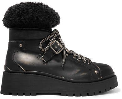 Shearling-trimmed Leather Ankle Boots - Black
