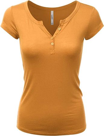 LALABEE Women's Deep V-Neck Short Sleeve Basic Henley Button T-Shirt for Women-Mocha-L at Amazon Women’s Clothing store