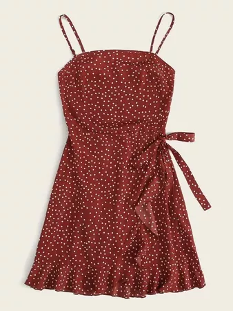 Shirred Back Ruffle Wrap Knot Dot Print Slip Dress | SHEIN USA red