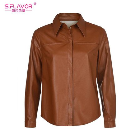 S.FLAVOR 2020 Hot Sale Women PU Leather Shirts Elegant Turn-down Collar Long Sleeve Casual Blouse Tops Spring Women Shirts