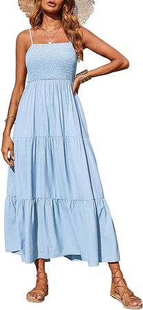 PRETTYGARDEN Women's Summer Maxi Dress Casual Boho Sleeveless Spaghetti Strap Smocked Tiered Long Beach Sun Dresses at Amazon Women’s Clothing store