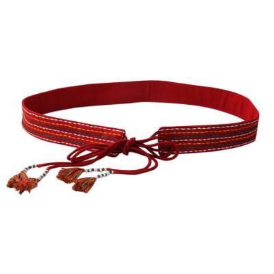 UNICEF Market | Red Embroidered Cotton Tie Belt with Beads from India - Crimson Color