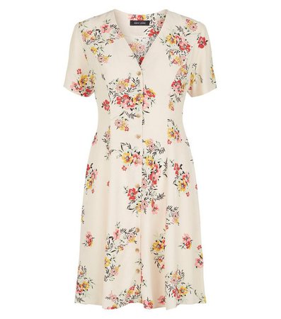 Off White Floral Button Up Tea Dress | New Look
