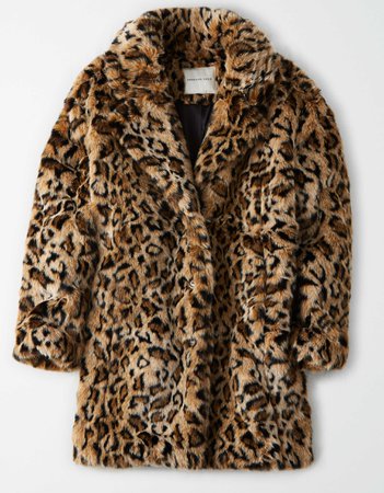 AE Faux Fur Leopard Print Coat brown