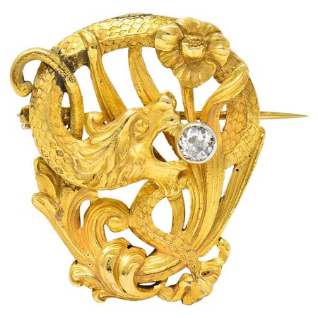 Art Nouveau Diamond 18 Karat Gold Serpent Dragon Brooch For Sale at 1stDibs