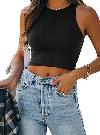 Women’s Sexy Sleeveless High Neck Racerback Cropped Tank Tops Cute Teen Girls Halter Neck Crop Tops Vest Black Small : Clothing, Shoes & Jewelry