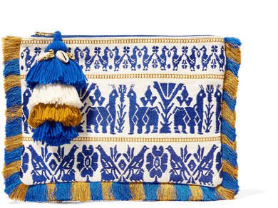 Maia Tasseled Embroidered Cotton-canvas Clutch - Blue