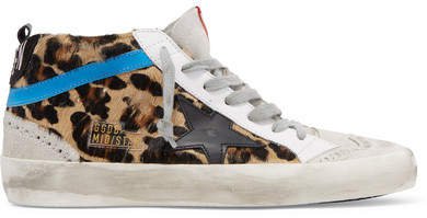 Mid Star Distressed Leopard-print Calf Hair, Leather And Suede Sneakers - Leopard print