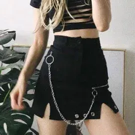 Sexy Black Goth Punk Demin Metal Chain Patchwork High Waisted Mini Skirt Zipper Split A-Line E-Girl Kawaii Korean Japanese Harajuku Retro Streetwear S | Google Shopping