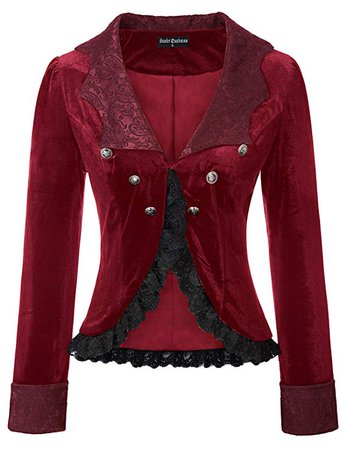 Women's Gothic Coat Long Sleeve Bat Collar Steampunk Lace Trim Velvet Coat at Amazon Women’s Clothing store