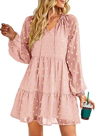 Amazon.com: KIRUNDO Fall 2022 Women's Long Sleeve V Neck Ruffle Polka Dot Mini Dress Casual Loose High Waist Tiered Swing Tunic Dress(Pink, X-Large) : Clothing, Shoes & Jewelry
