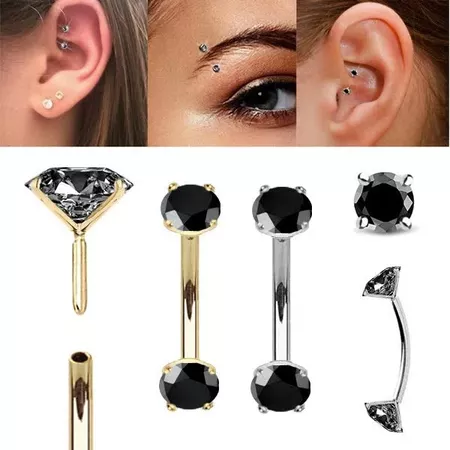 14k Gold Black CZ Curved Push-in Barbell Piercing