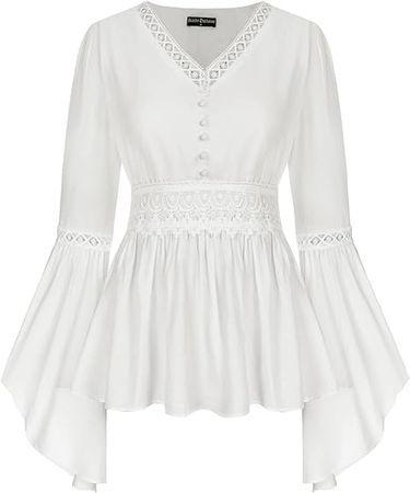 White Darkness Women Peplum Blouse Renaissance Bell Sleeve V Neck Shirt White L at Amazon Women’s Clothing store