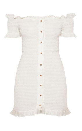 White Shirring Button Detail Bardot Bodycon Dress | PrettyLittleThing USA
