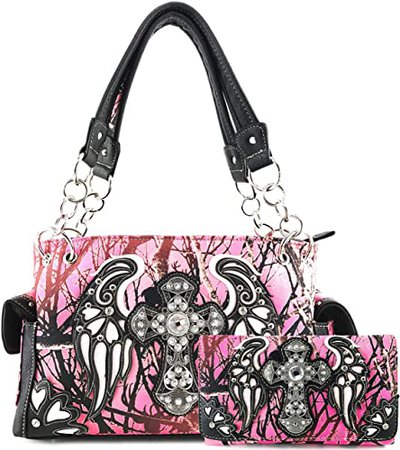 Justin West Camouflage Tree Branches Bling Rhinestone Cross Wings Handbag Purse Messenger Bags and Wallets (Cross Pink White Handbag and Wallet)