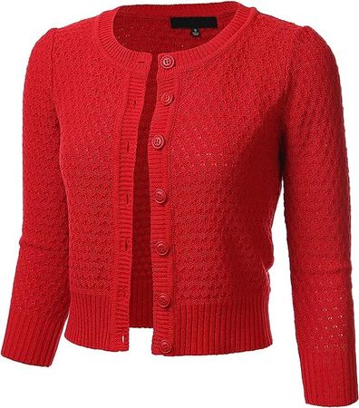 Women's Button Down 3/4 Sleeve Crew Neck Cotton Knit Cropped Cardigan Sweater RED M at Amazon Women’s Clothing store