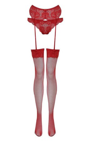 Suspender Thong & Stocking Set | boohoo red