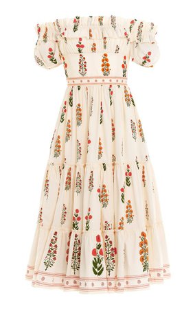 Banana Dahlia-Embroidered Cotton Poplin Off-The-Shoulder Midi Dress by Agua by Agua Bendita | Moda Operandi