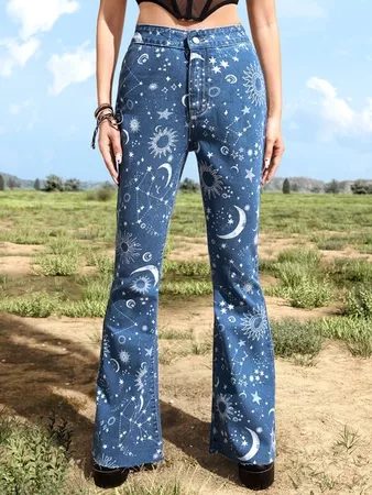 ROMWE Goth Sun & Moon Graphic Flare Leg Jeans | SHEIN USA