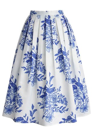 Blue Floral Sketch Pleated Midi Skirt - Retro, Indie and Unique Fashion