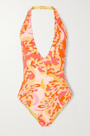 Printed Halterneck Swimsuit - Orange