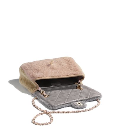Flap Bag, shearling sheepskin & gold-tone metal, gray, pink & beige - CHANEL