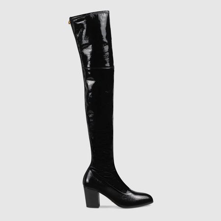 Black patent leather over-the-knee boot