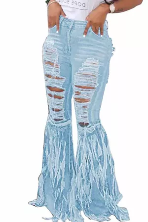 US$ 21.42 - Light Blue Hollow Out Tassel Vintage Flared Jeans