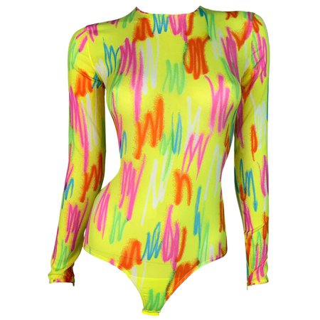 S/S 1996 Gianni Versace Sheer Neon Yellow Pink Green Spray Paint Silk Bodysuit For Sale at 1stDibs