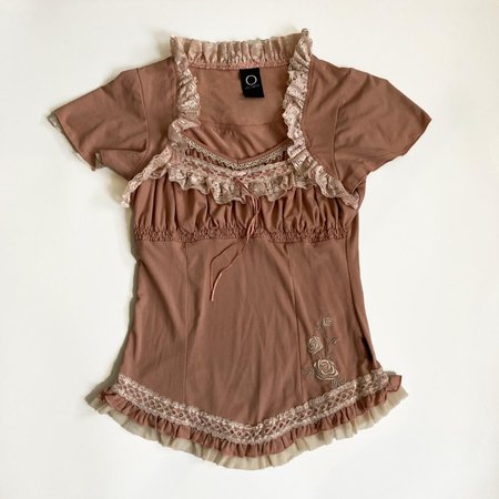ozz on milkmaid lolita blouse in apricot pink with ruffle, lace, ribbon, embroidered details, layered bust