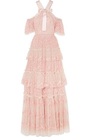 Needle & Thread | Primrose cold-shoulder tiered embroidered tulle gown | NET-A-PORTER.COM