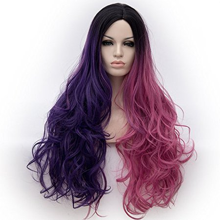 Alacos Synthetic 75CM Long Curly Rainbow Color Ombre Halloween Costumes Cosplay Harajuku Wigs for Women Lady Girl +Free Wig Cap (Black Ombre to Purple/Pink)