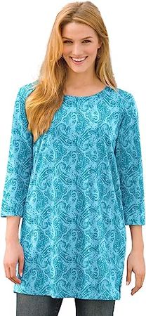 Woman Within Women's Plus Size Perfect Printed Three-Quarter-Sleeve Scoop-Neck Tunic at Amazon Women’s Clothing store
