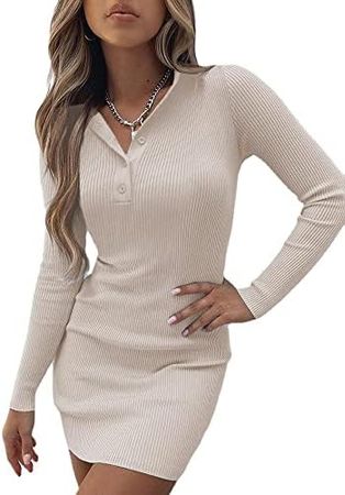 NANAKI Long Sleeve Dress Sexy Black Dress Tight Rib Knitted Turn Down Collar Button Solid Slim Bodycon Party Dresses at Amazon Women’s Clothing store