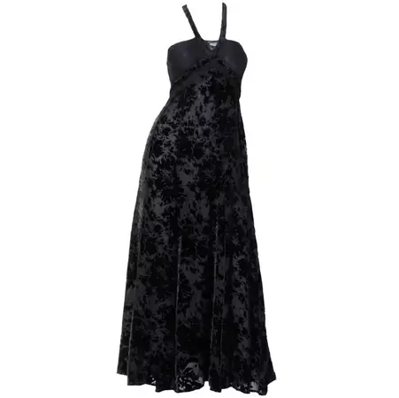 Sonia Rykiel 1990s Black Burnout Velvet Halter Cut Out Lace Maxi Dress For Sale at 1stDibs