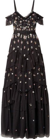 Lustre Cold-shoulder Embellished Tulle Gown - Black