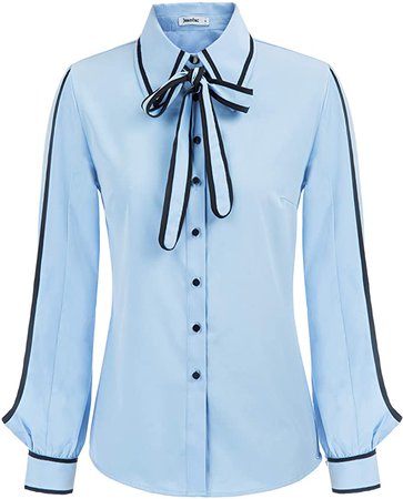 JASAMBAC Office Blouses for Women for Work Striped Elegant Bow Tie Neck Long Sleeve Button Down Shirts Light Blue L at Amazon Women’s Clothing store