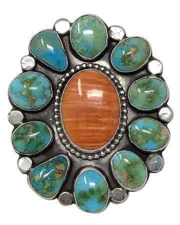 Joelias Draper Navajo Handmade Sonoran Gold Turquoise And Orange Spiny Oyster Shell Cluster Ring