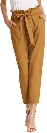 KANCY KOLE Women Casual High Waist Paper Bag Pants Long Trouser Cropped Slacks with Pockets (Black, L) at Amazon Women’s Clothing store
