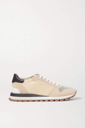 Bead-embellished Nylon, Suede And Leather Sneakers - Beige
