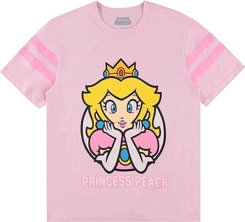 Nintendo Ladies Princess Peach Shirt - Mario, Zelda, Kirby, Princess Peach and Donkey Kong Varsity Stripe Sleeve Athletic Tee (Light Pink, X-Large) at Amazon Women’s Clothing store