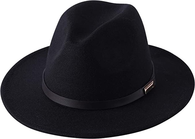 Lanzom Women Lady Retro Wide Brim Floppy Panama Hat Belt Buckle Wool Fedora Hat (01-Black, One Size) at Amazon Women’s Clothing store