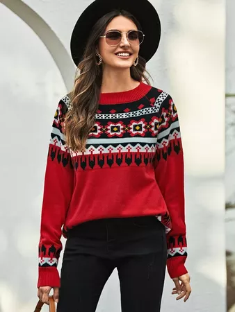 Raglan Sleeve Fair Isle Sweater | SHEIN USA